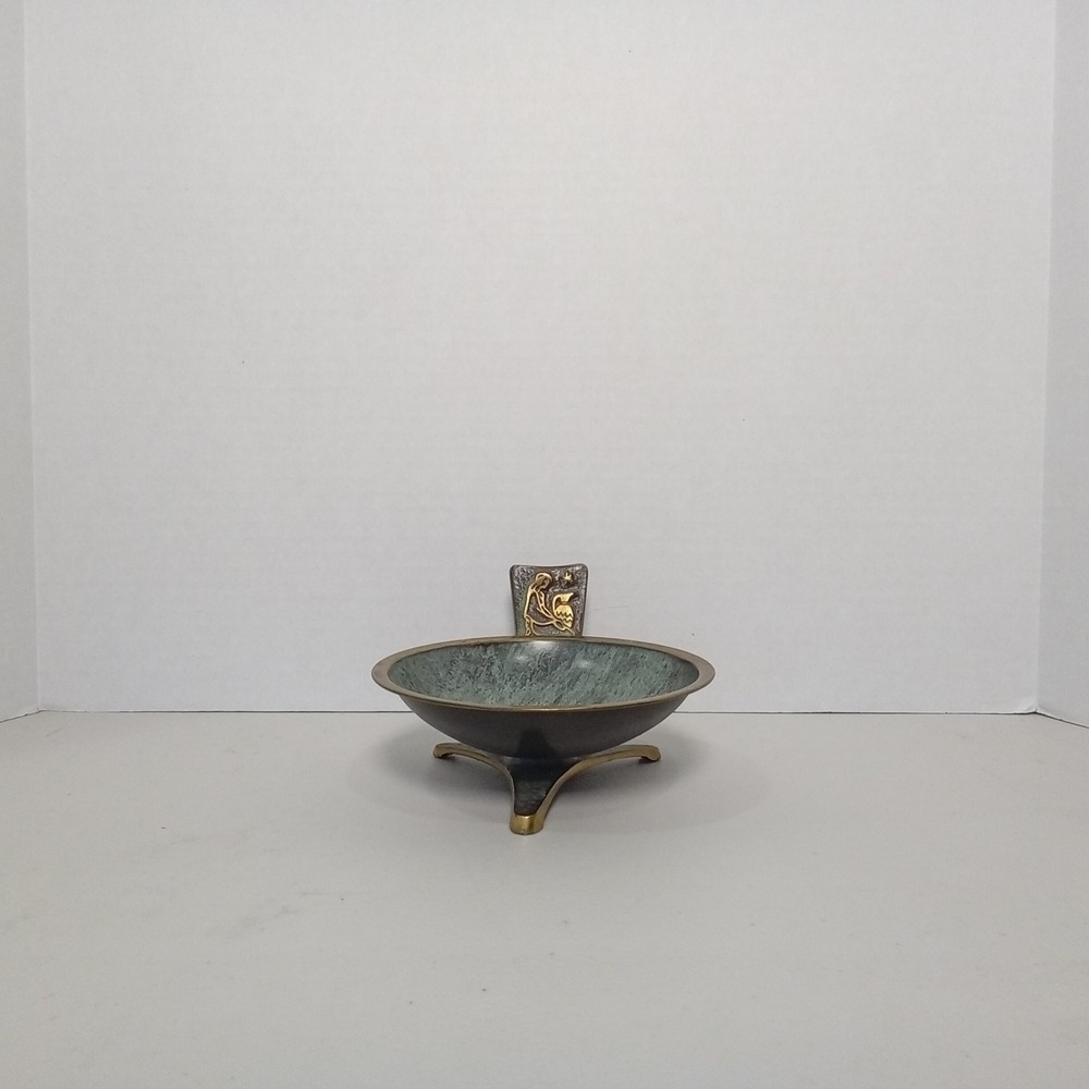VTG Mid-Century Taya Brass Verdigris Enamel Patina Footed Dish Made‎ In Israel